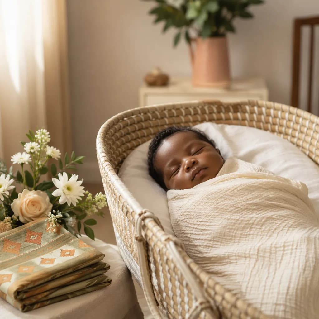 Peaceful Yoruba newborn in a soft pastel nursery with woven textures and gentle natural light.