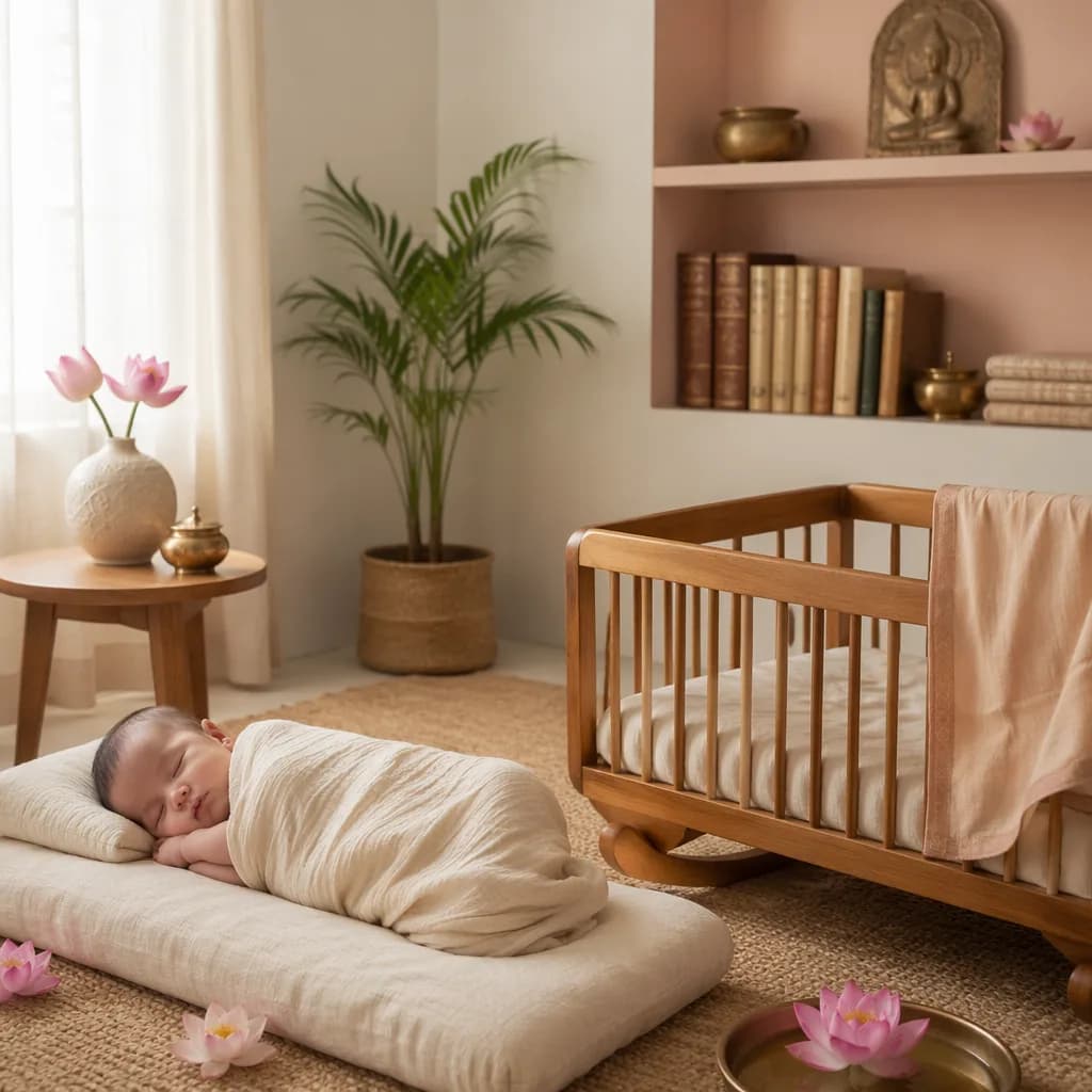 A serene pastel nursery with a swaddled sleeping baby, lotus flowers, and subtle symbols of wisdom.