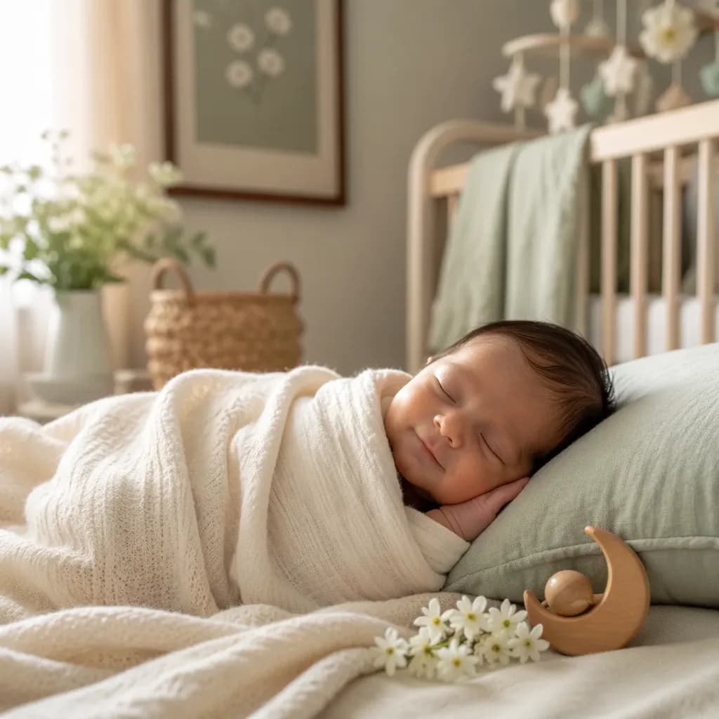 Sleeping newborn in a soft pastel nursery with jasmine flowers and a moon-shaped rattle.