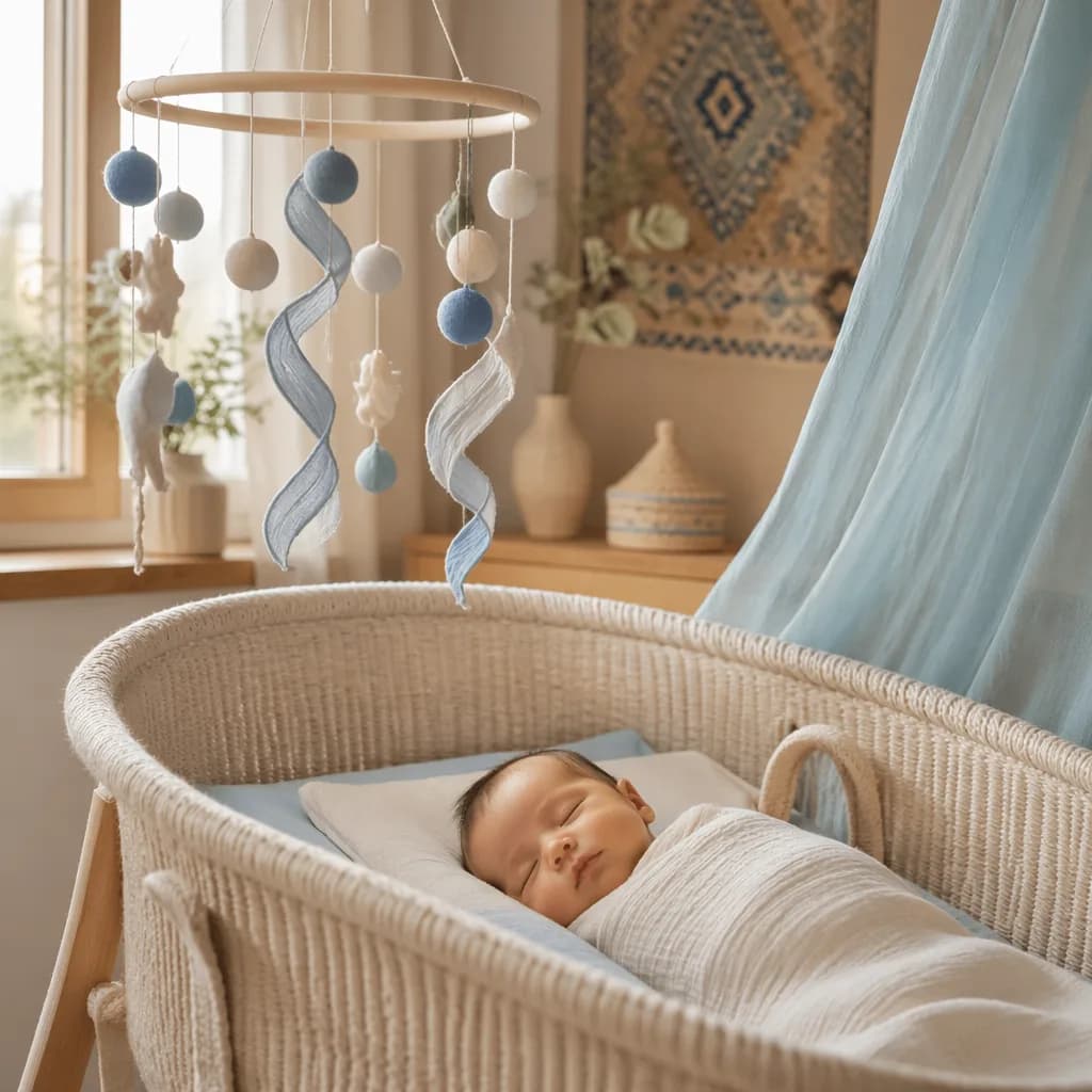 Soft pastel nursery with a sleeping baby and gentle river-inspired details for the Turkish name Azra Nehir.