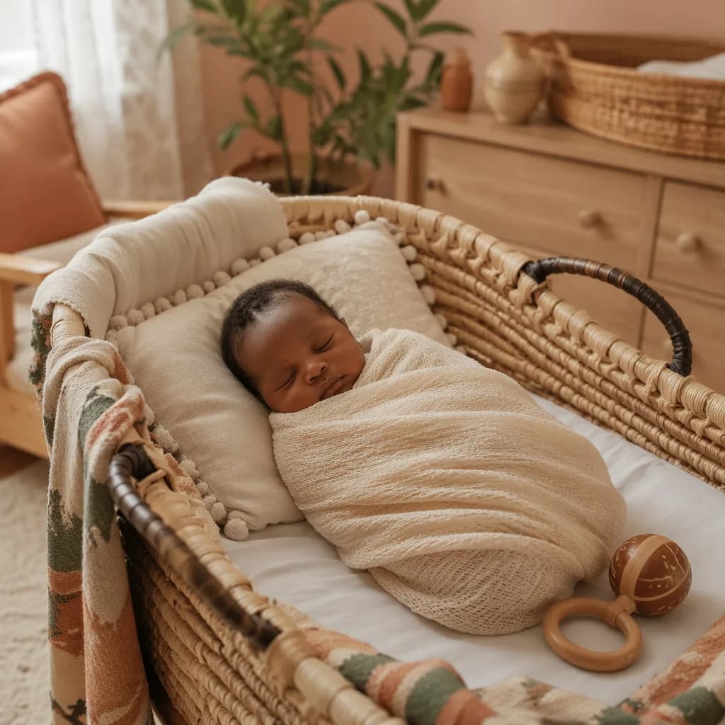 Sleeping newborn in a warm pastel nursery with Igbo-inspired woven details.