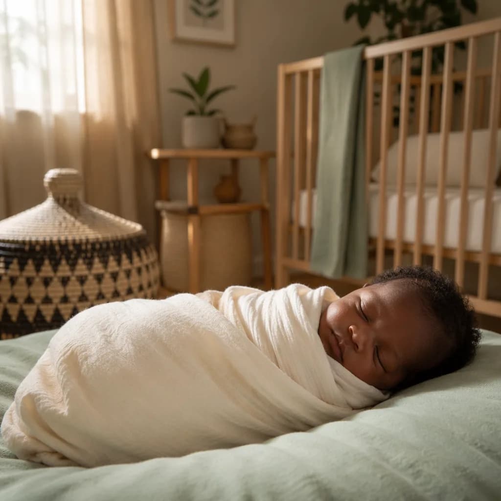 Sleeping baby in a warm, softly lit nursery with woven decor.