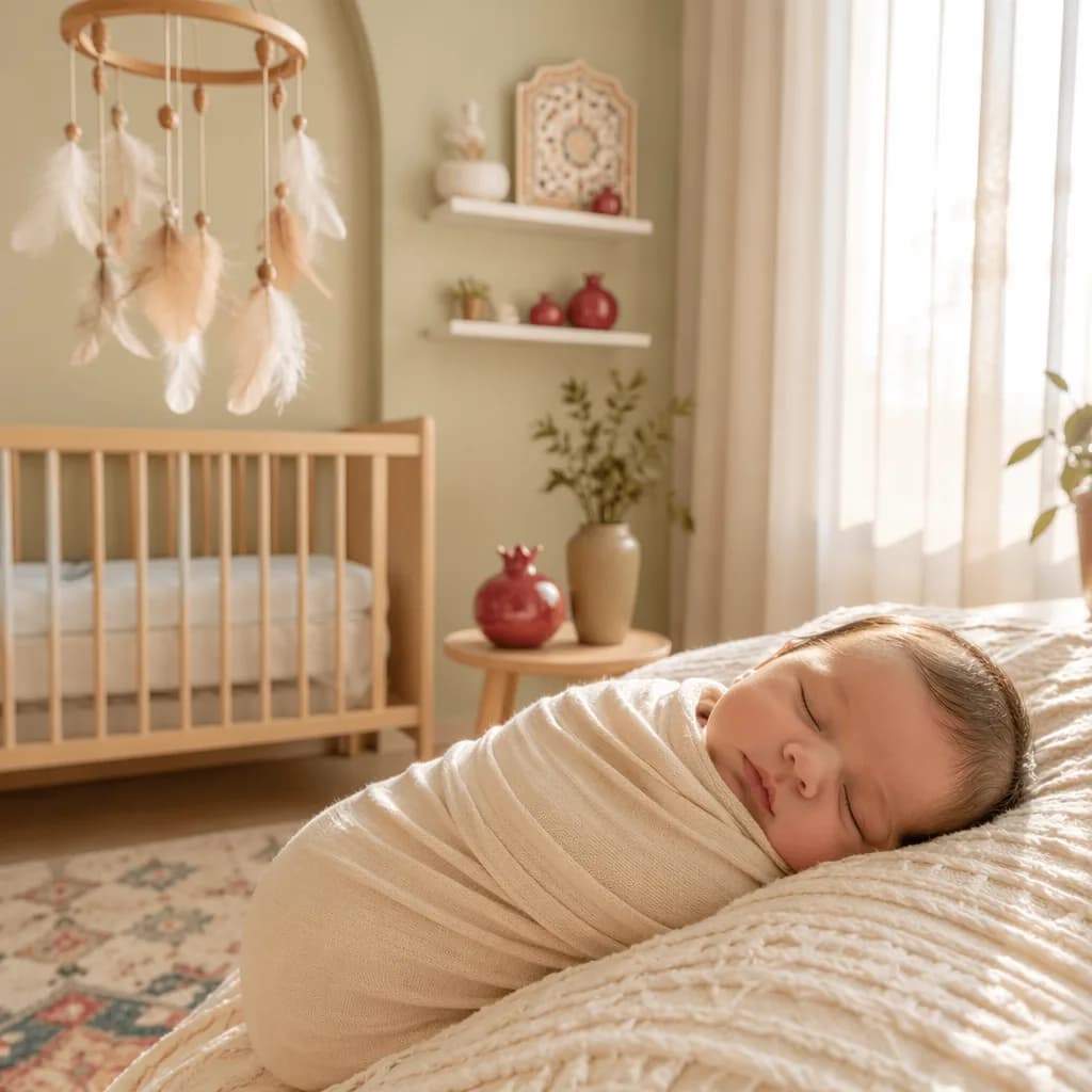 Sleeping newborn in a soft Persian-inspired nursery lit by gentle dawn light.