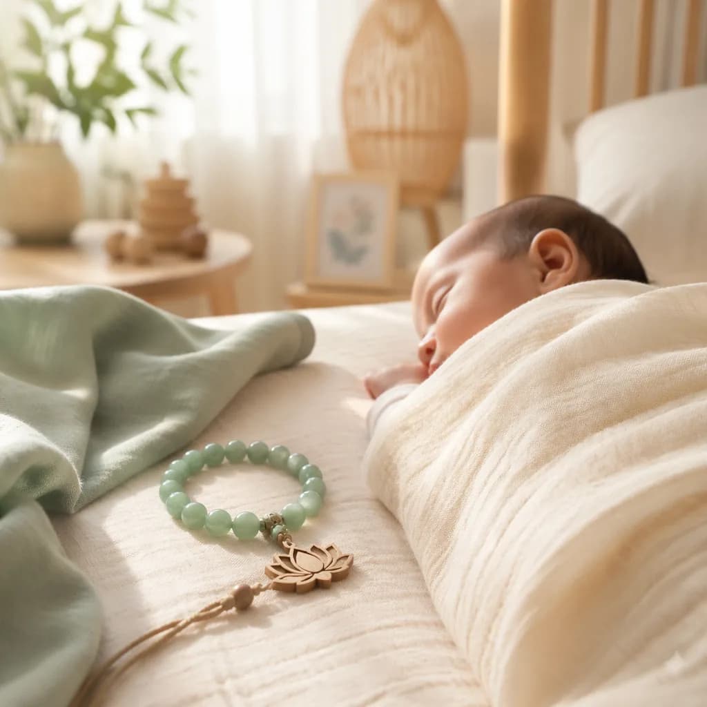 Peaceful pastel nursery with a swaddled baby and small symbolic keepsakes.