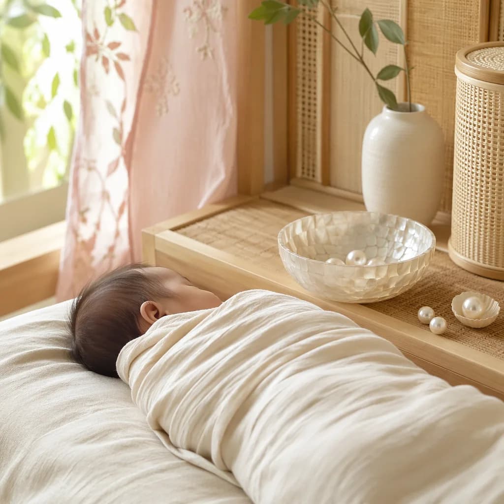 Sleeping swaddled baby in a soft nursery with pearl-inspired keepsake accents.
