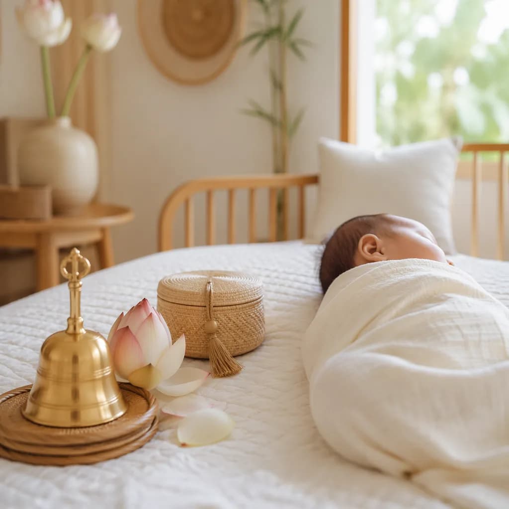 Sleeping baby in a soft pastel nursery with a small bell and keepsake box.