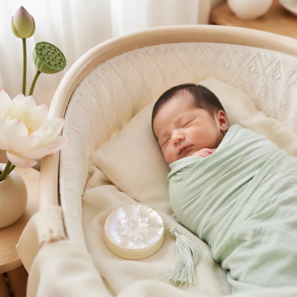 Sleeping newborn in a soft jade nursery setting with gentle jewel and lotus accents.