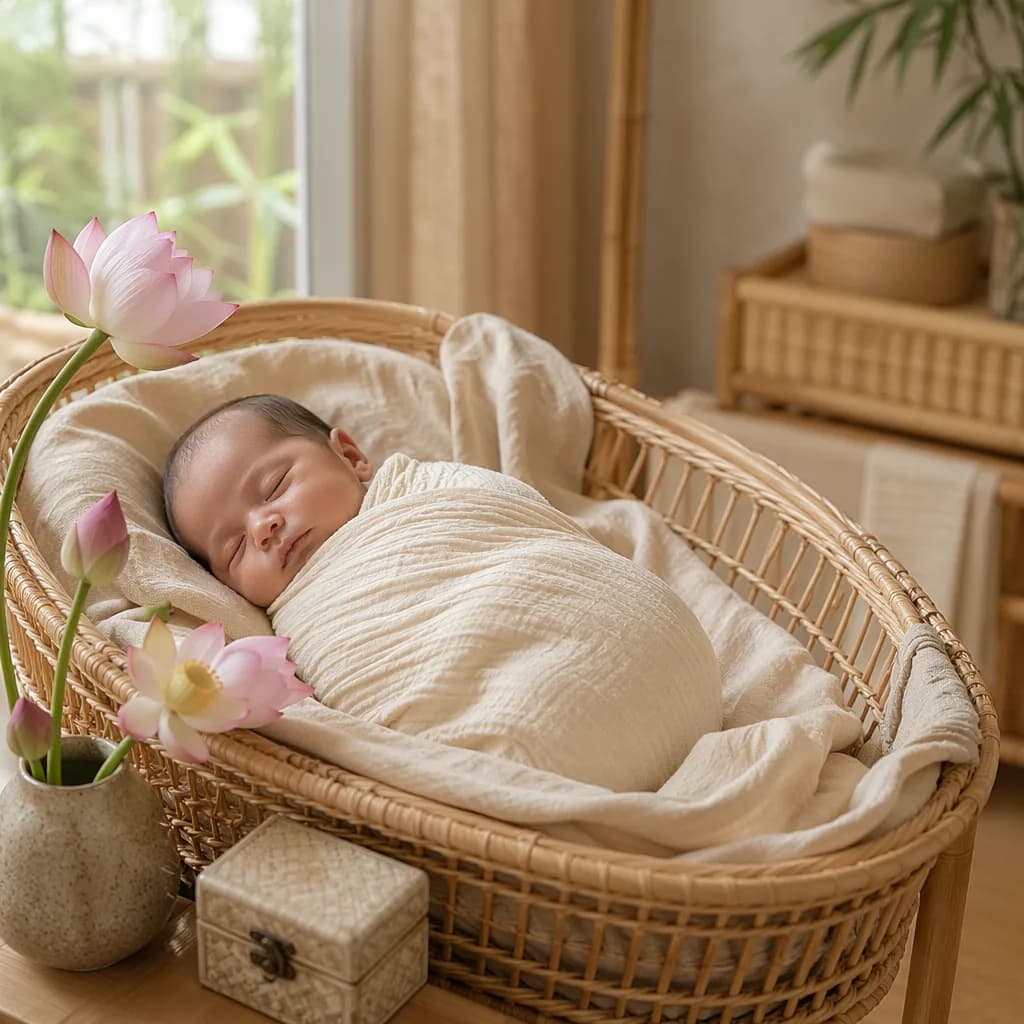 Sleeping Vietnamese newborn in a soft nursery with pastel lotus accents and a keepsake box.