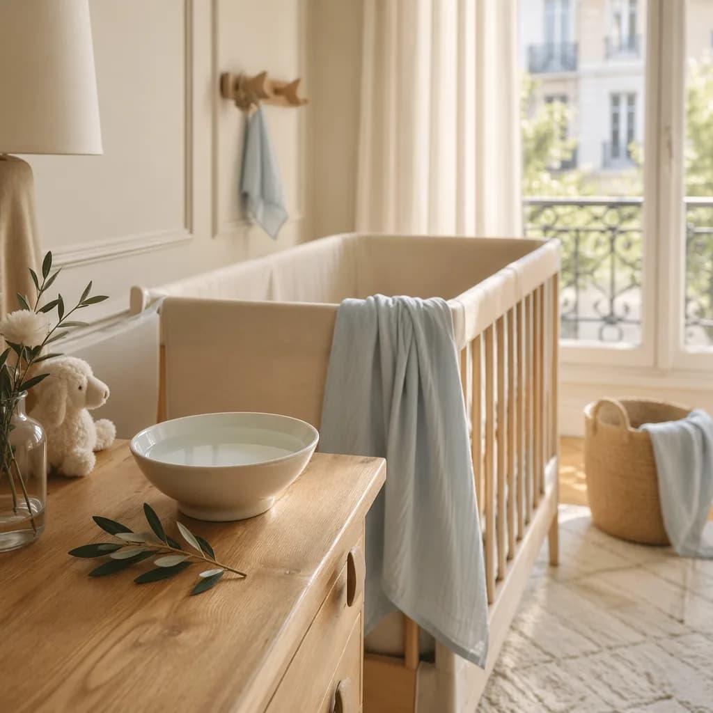 Soft pastel French nursery with a crib, blue swaddle, and gentle baptism-inspired still life.