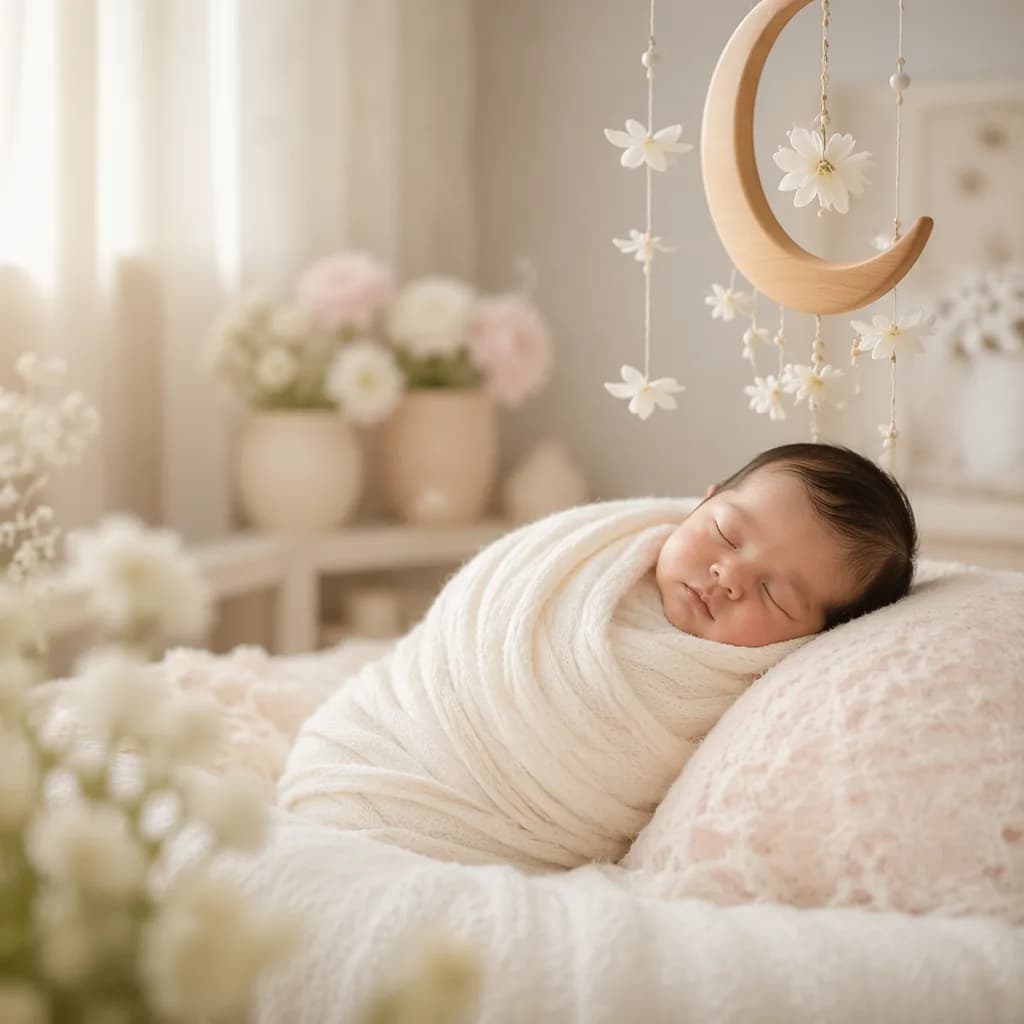 Peaceful newborn in a soft pastel nursery evoking innocence and purity.