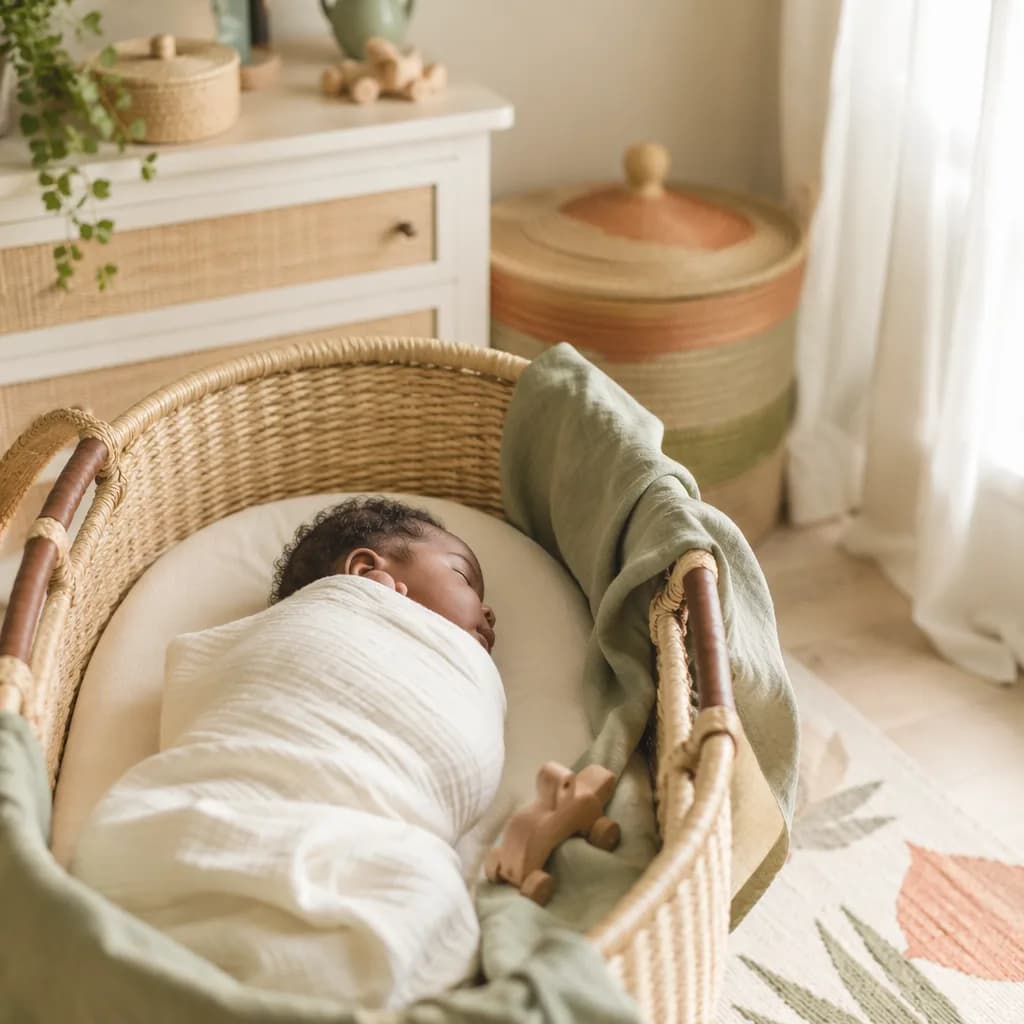 A peaceful swaddled newborn in a warm, softly lit nursery with woven accents.