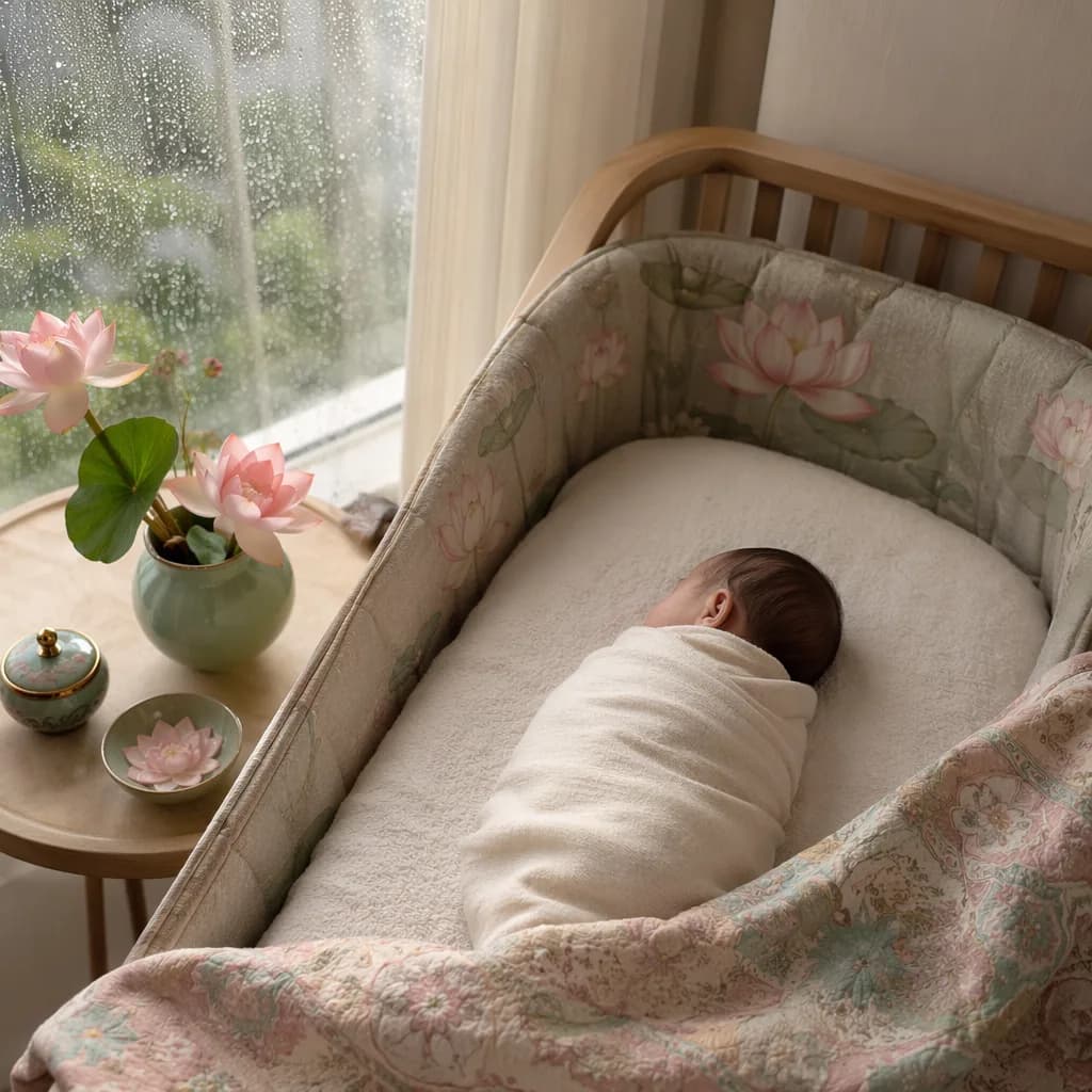 Soft pastel Persian-inspired nursery with a swaddled newborn, rainlit window, and water lily decor.