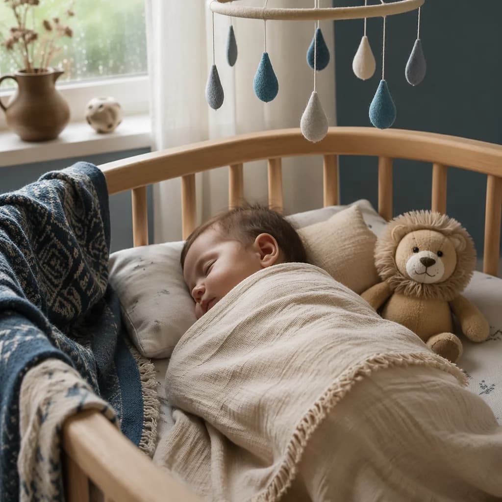 Sleeping baby in a soft Turkish-inspired nursery with rain and bravery motifs.