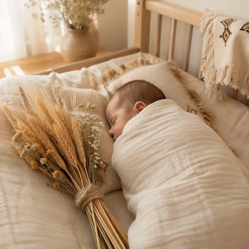 Sleeping baby in a soft nursery beside golden wheat stalks, evoking the Turkish name Başak.