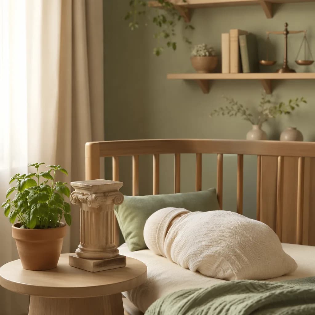 A softly lit Arabic-inspired nursery with a swaddled baby, basil plant, and warm pastel decor.