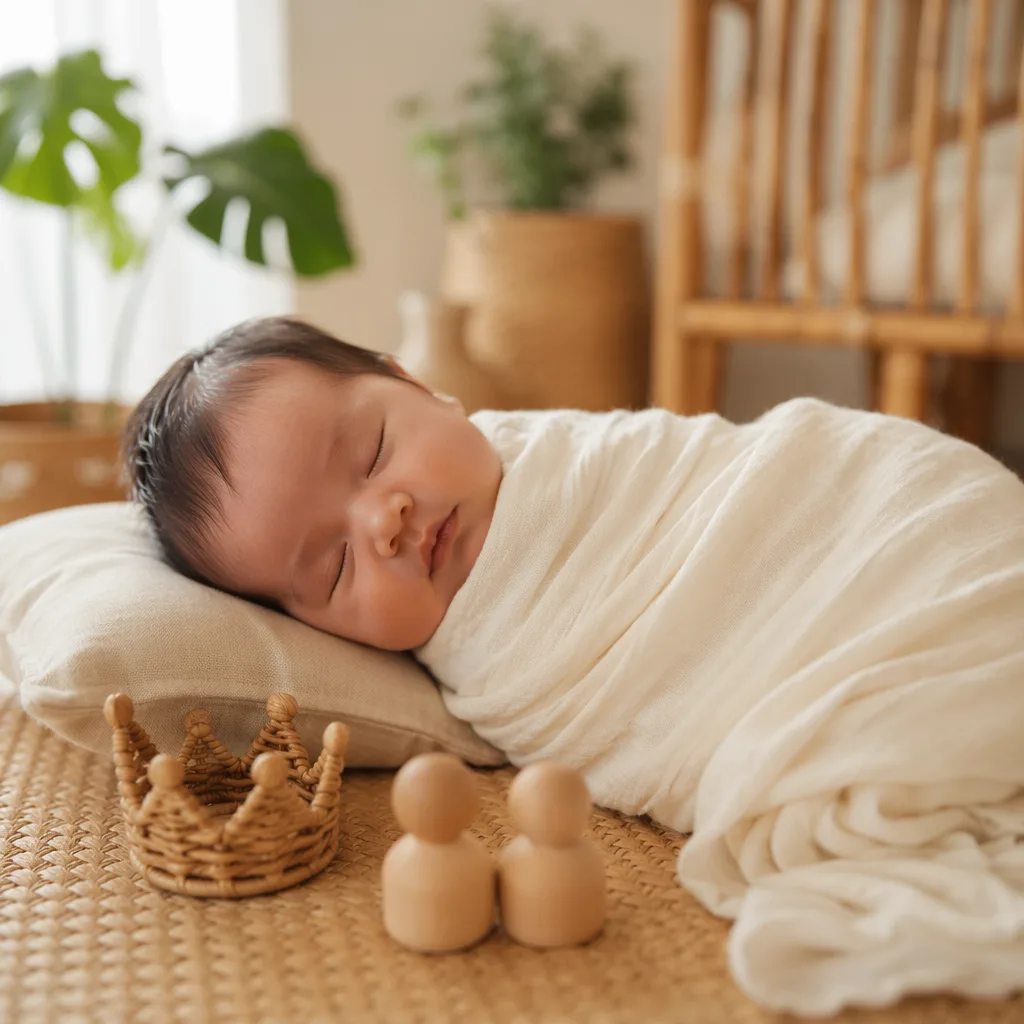 A sleeping Filipino newborn in a soft pastel nursery with woven keepsakes and gentle natural light.