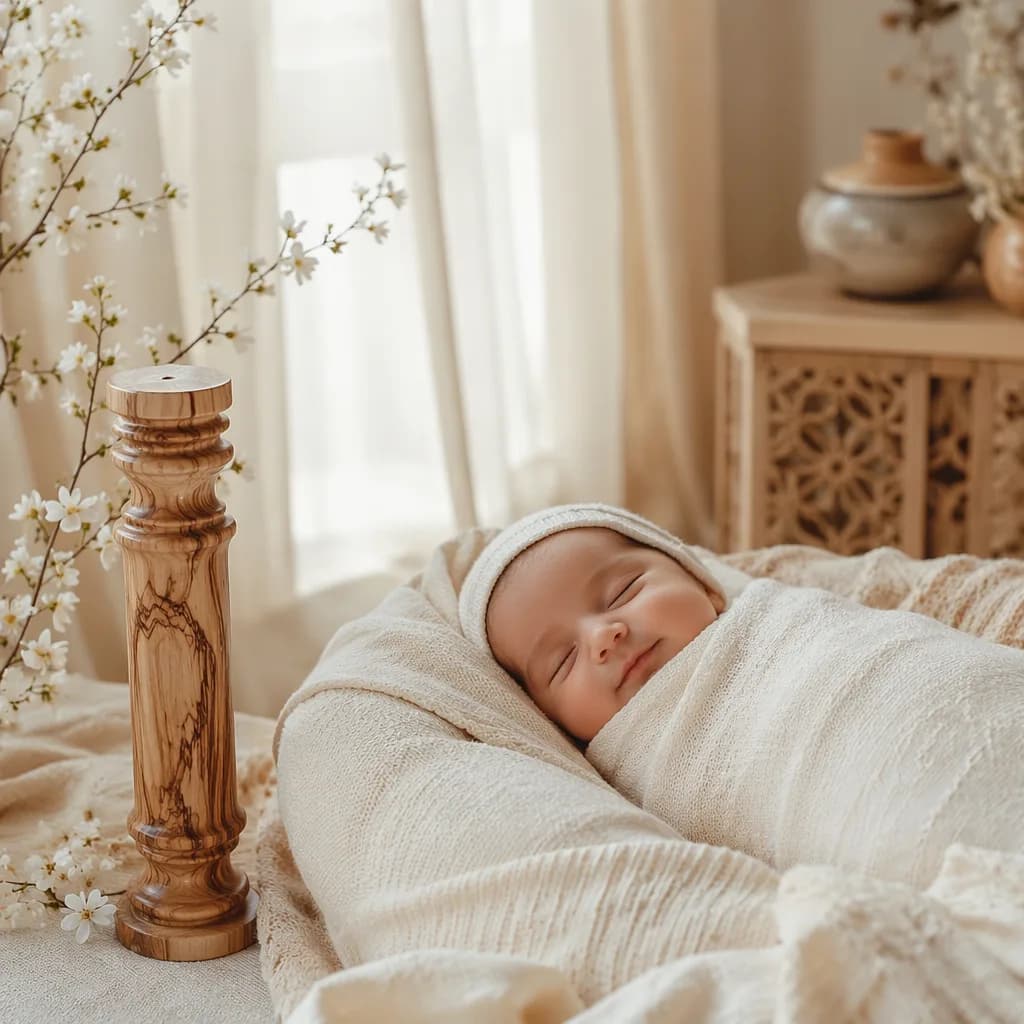 Sleeping newborn in a soft Arabic-inspired nursery with blossoms and warm natural light.