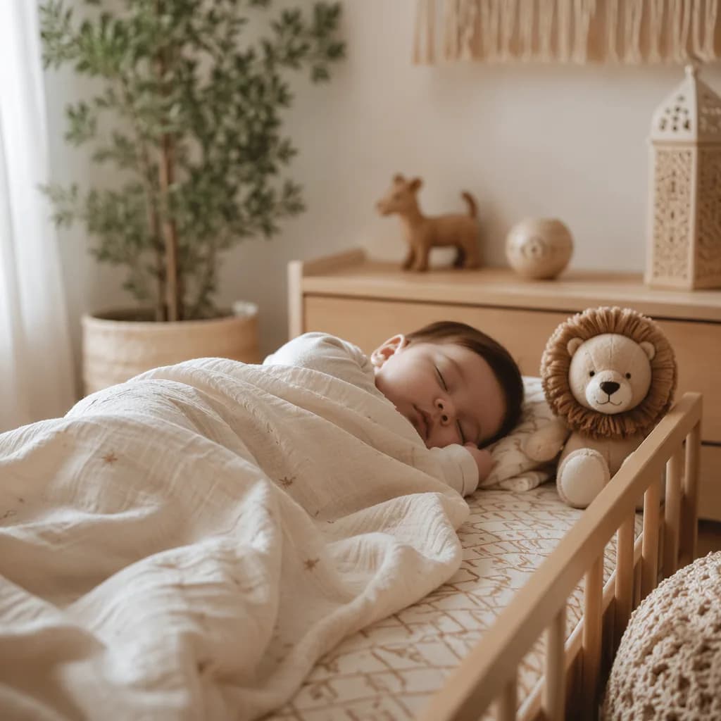 Sleeping baby in a cozy pastel nursery with a plush lion and warm natural light