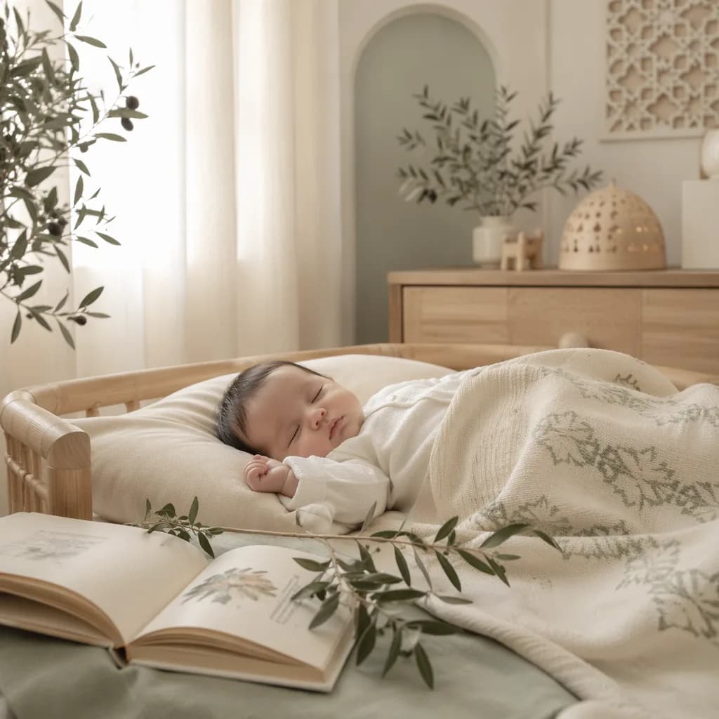 Sleeping baby in a soft pastel Arabic-inspired nursery with warm natural light