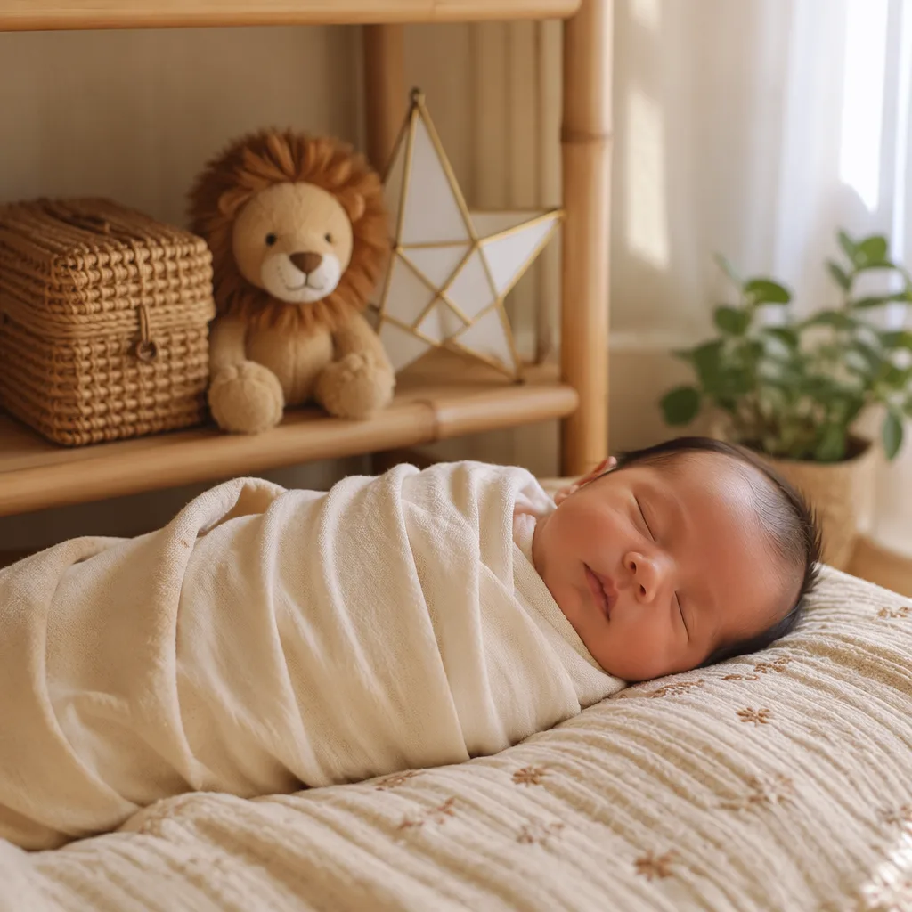 Sleeping baby in a cozy pastel nursery with gentle Filipino-inspired heroic details.