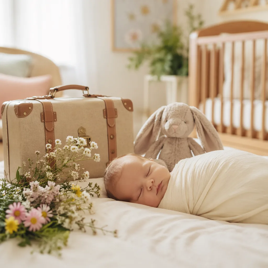 Soft pastel nursery scene with a sleeping baby, toy suitcase, and plush bunny evoking joy and travel.