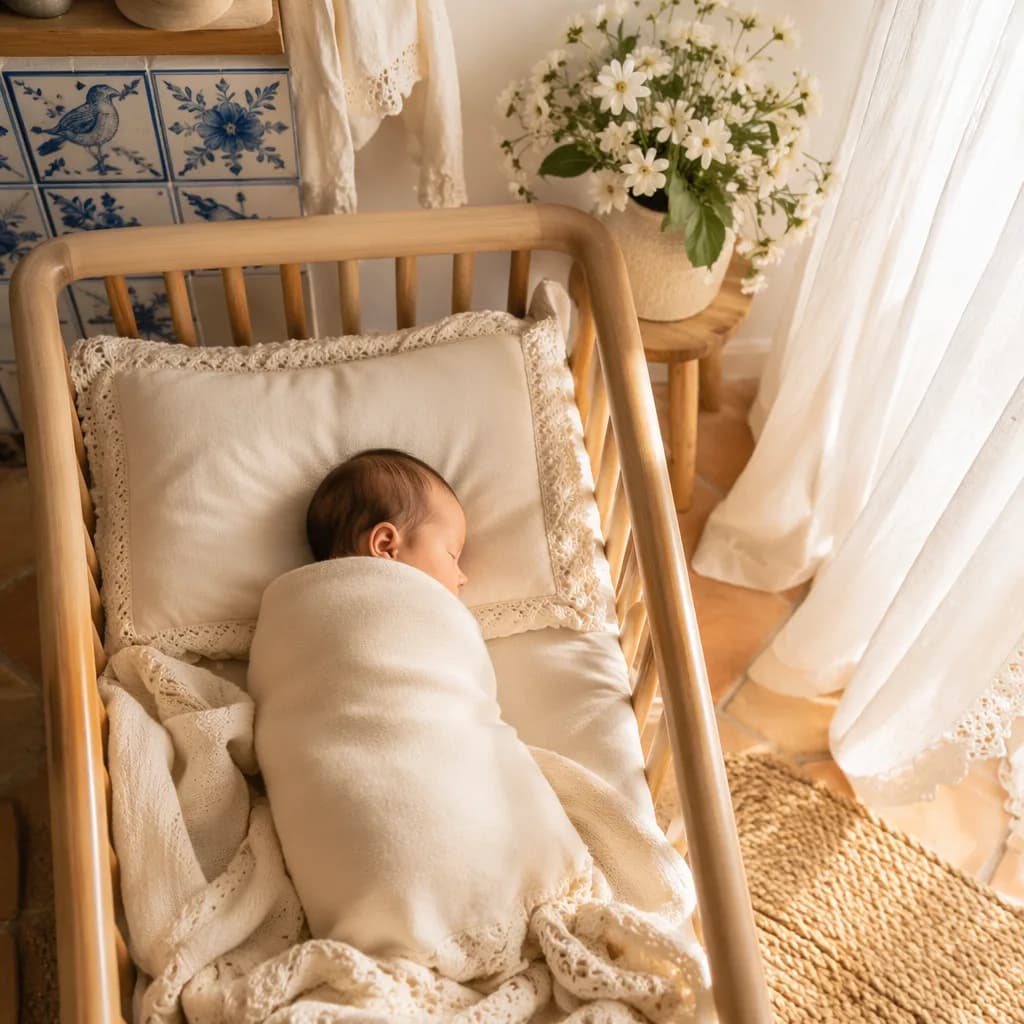 A peaceful pastel nursery with a swaddled baby and Portuguese-inspired decor.