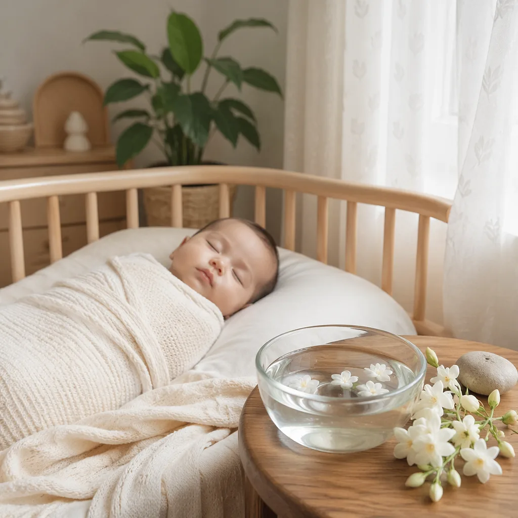 Serene pastel nursery with a swaddled baby, clear water, and jasmine flowers.