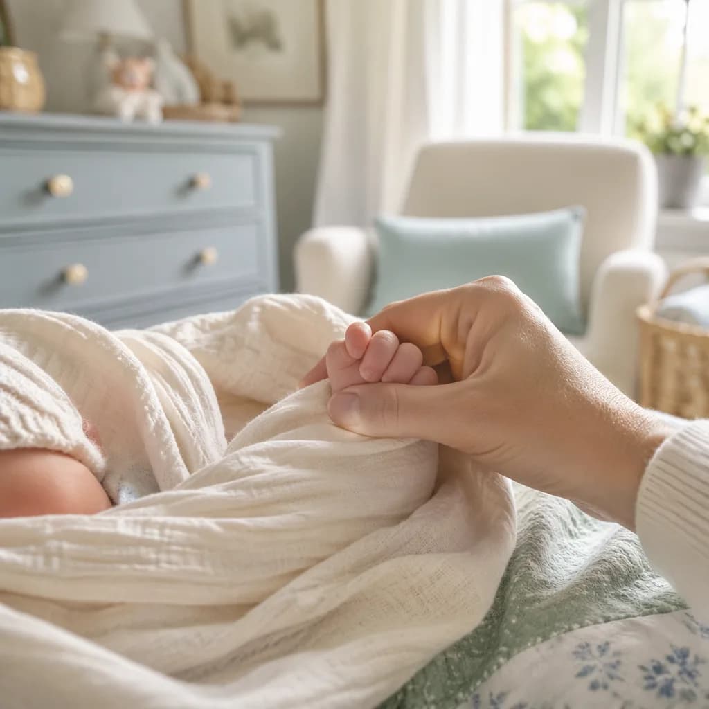 A swaddled baby holding a parent's hand in a softly lit nursery.