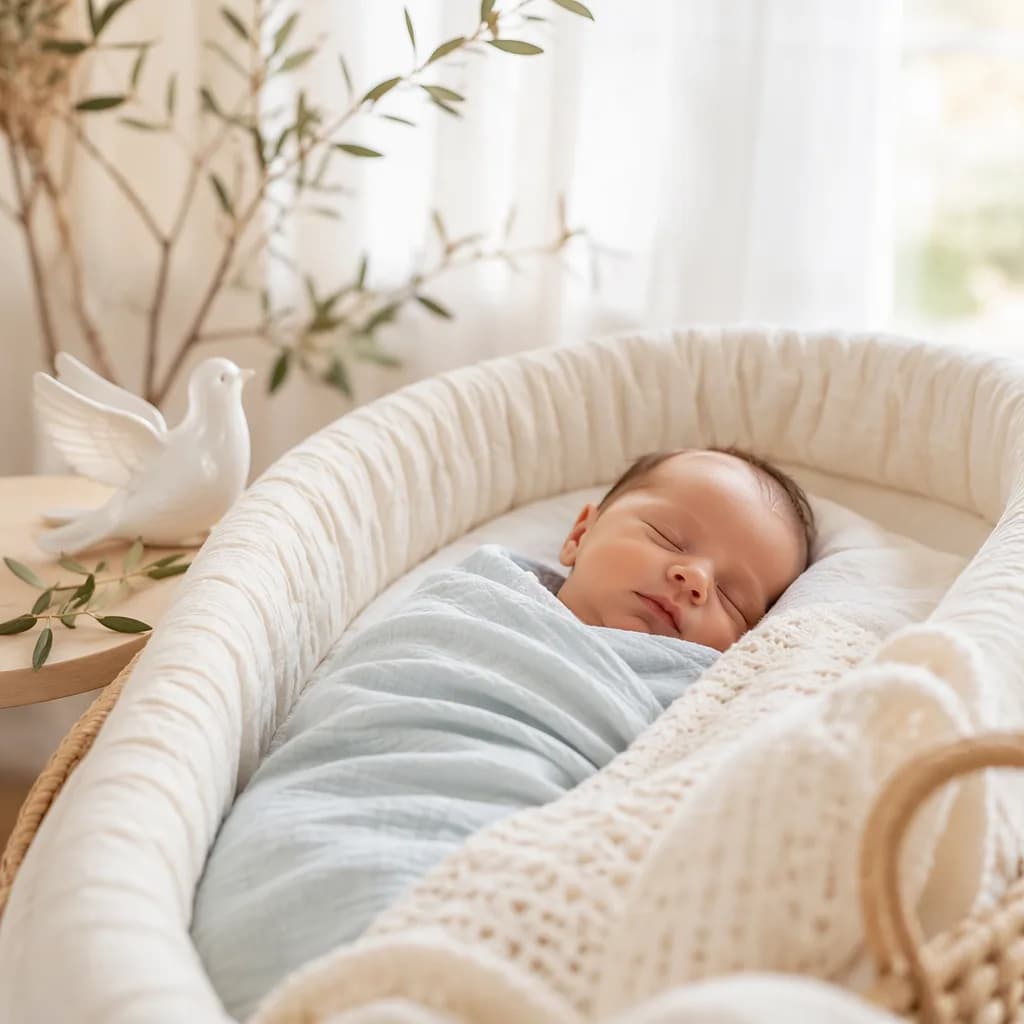 Peaceful newborn in a soft Portuguese-inspired nursery with gentle light and pastel tones.