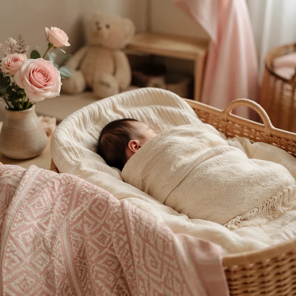 Sleeping newborn in a soft Turkish-inspired nursery with blush roses and warm pastel light.