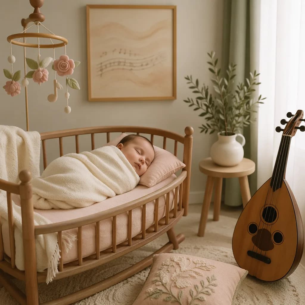 Soft pastel nursery with a sleeping swaddled baby and gentle music-inspired decor.