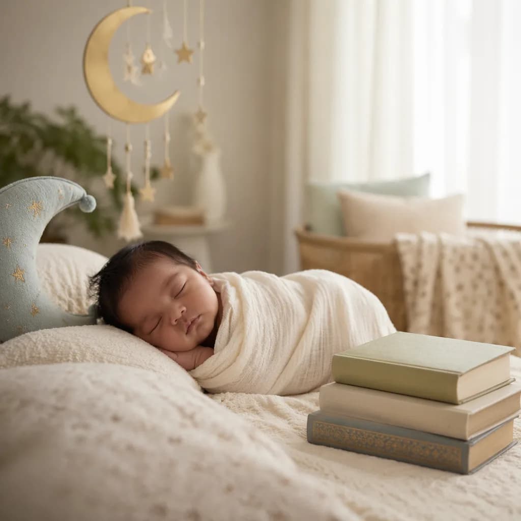 Sleeping newborn in a soft pastel nursery with crescent moon decor and symbolic books.