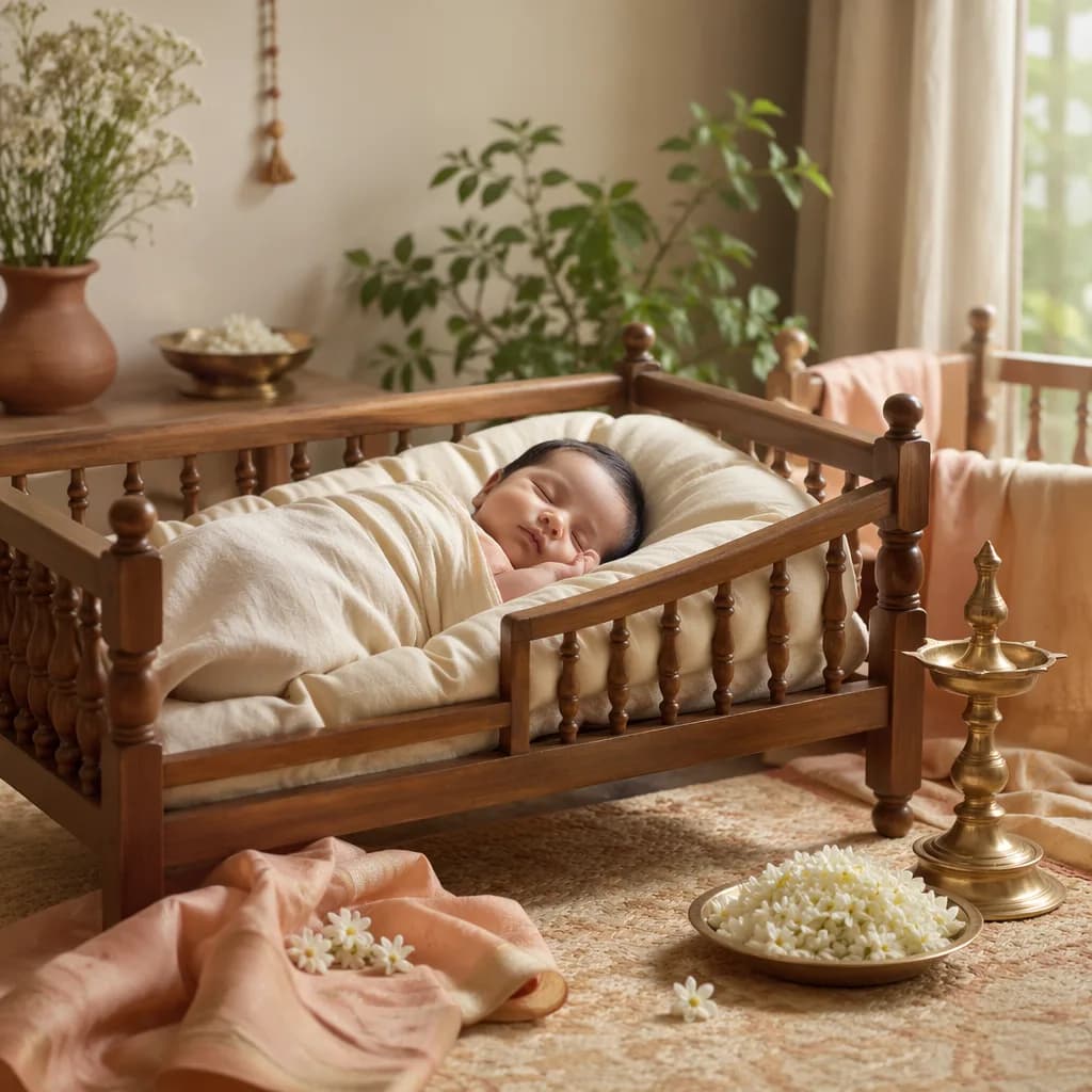 A peaceful pastel nursery with a swaddled sleeping baby and gentle South Indian-inspired details.