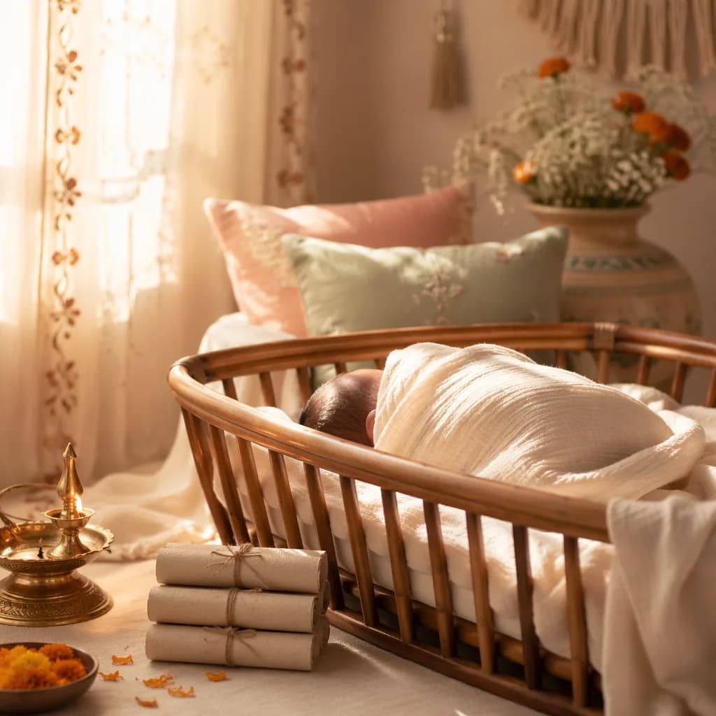 A softly lit pastel nursery with a swaddled sleeping baby and gentle Sanskrit-inspired decor.