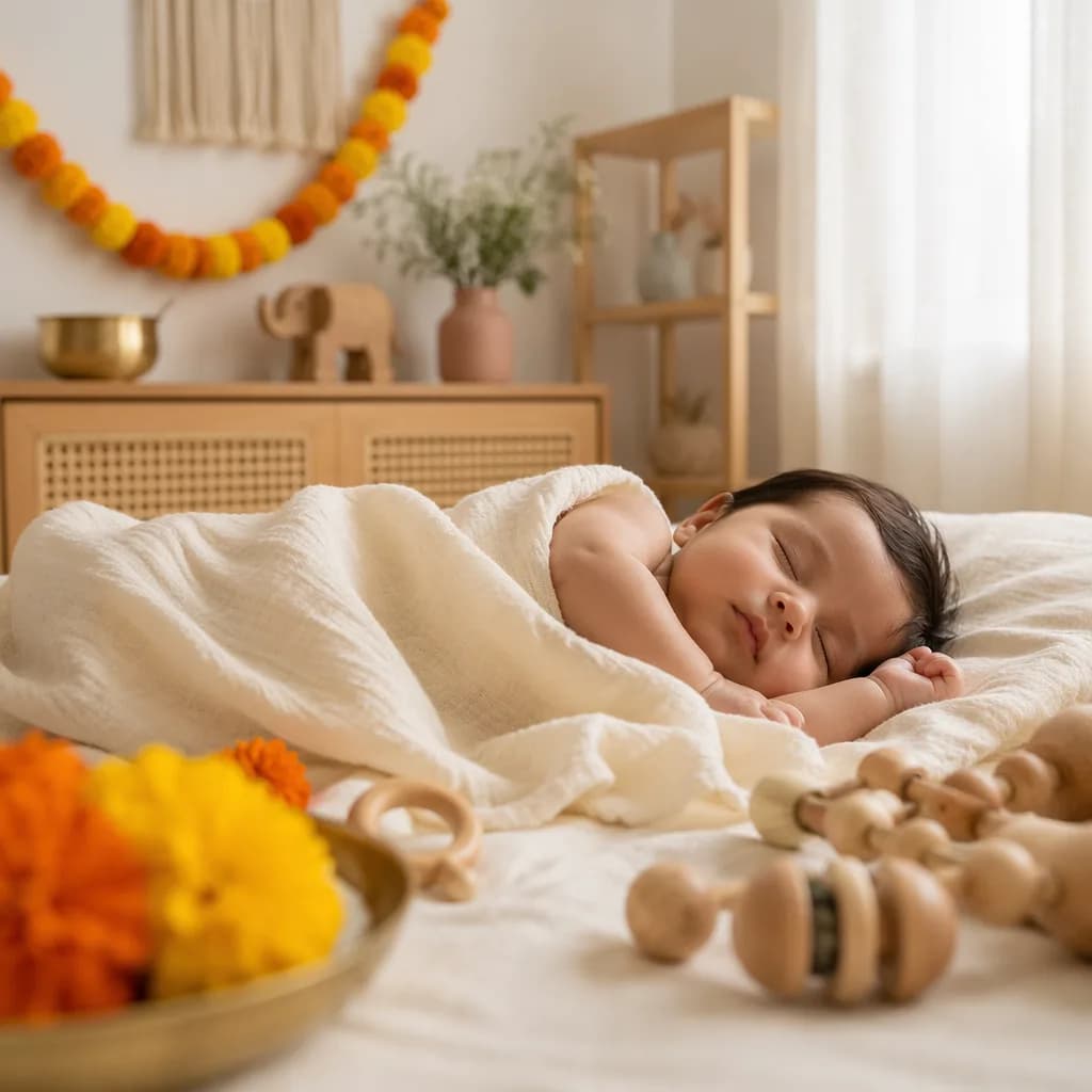 A peaceful baby in a soft pastel nursery with subtle Indian-inspired decor.