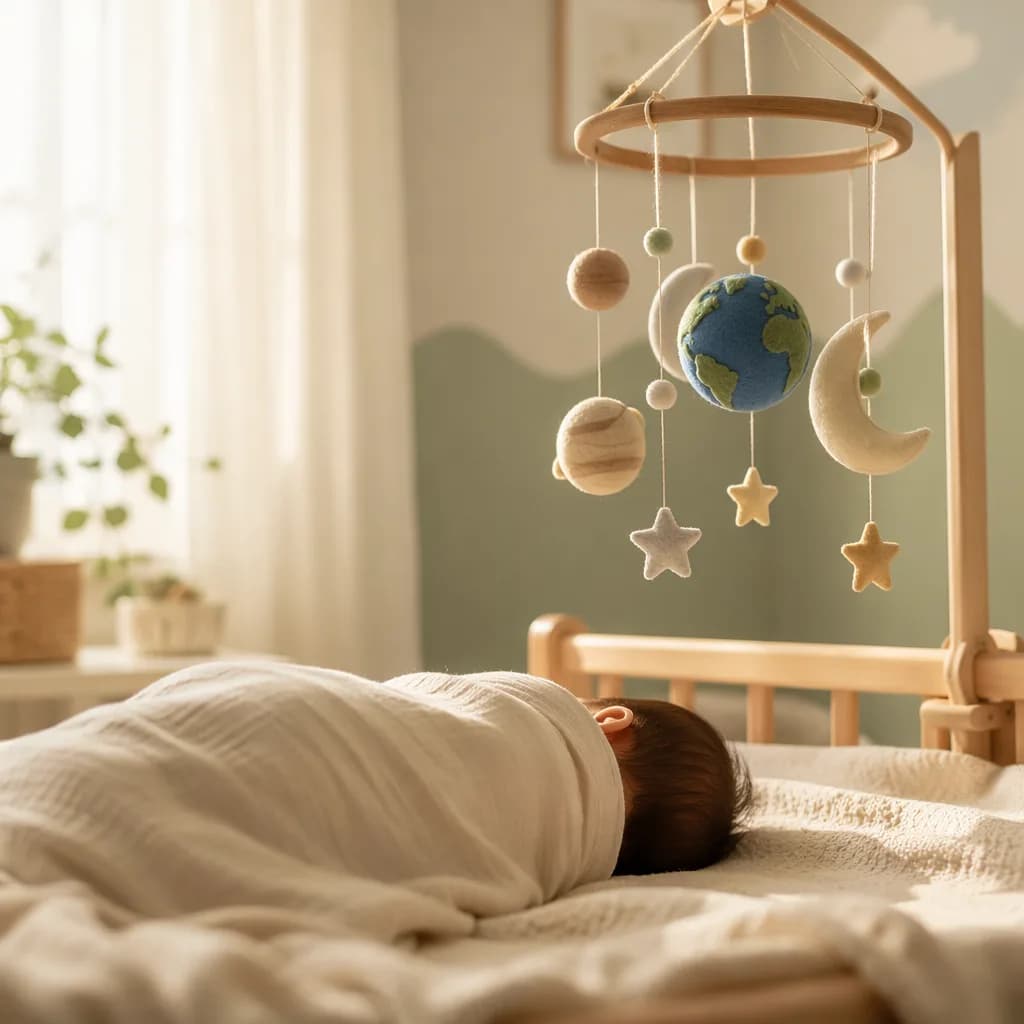 Soft pastel nursery scene with a sleeping baby and earth, moon, and star mobile.