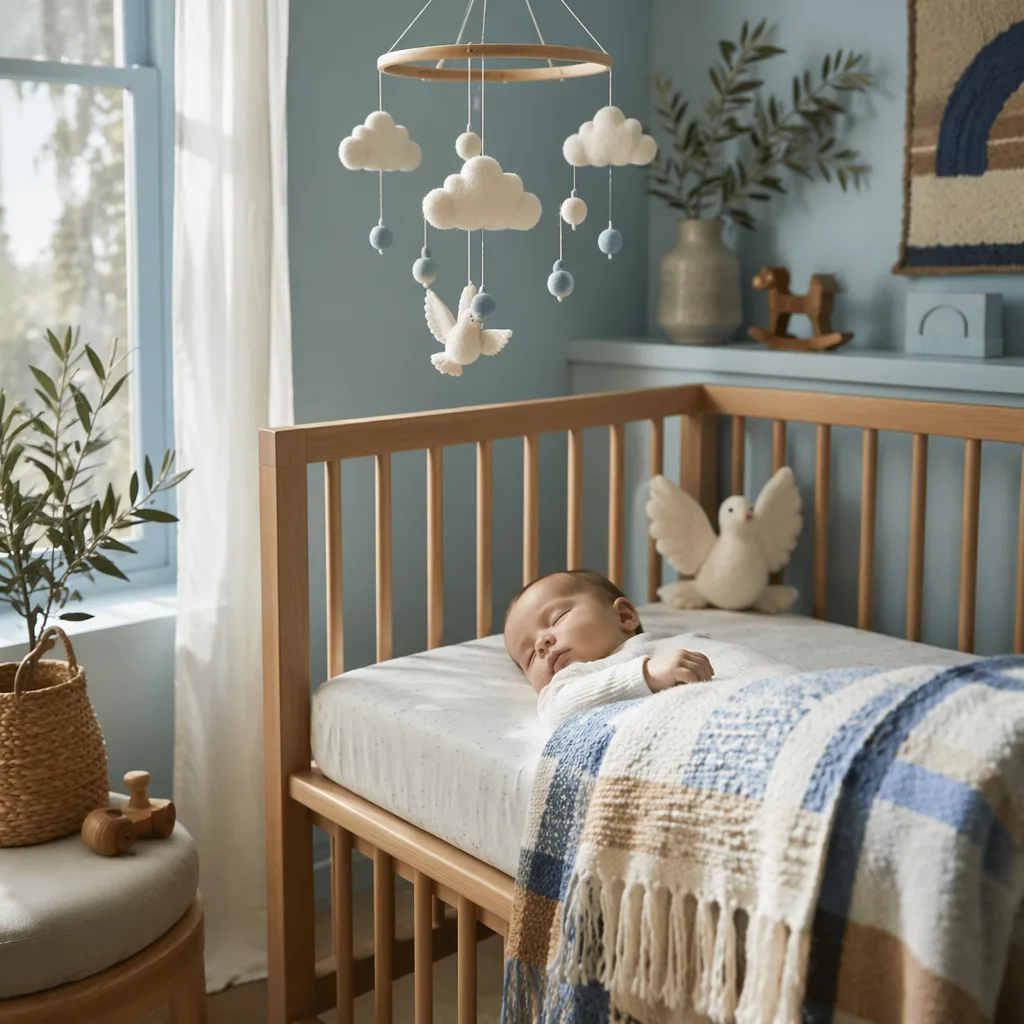 Peaceful baby in a pastel nursery with Mediterranean details and a dove mobile.