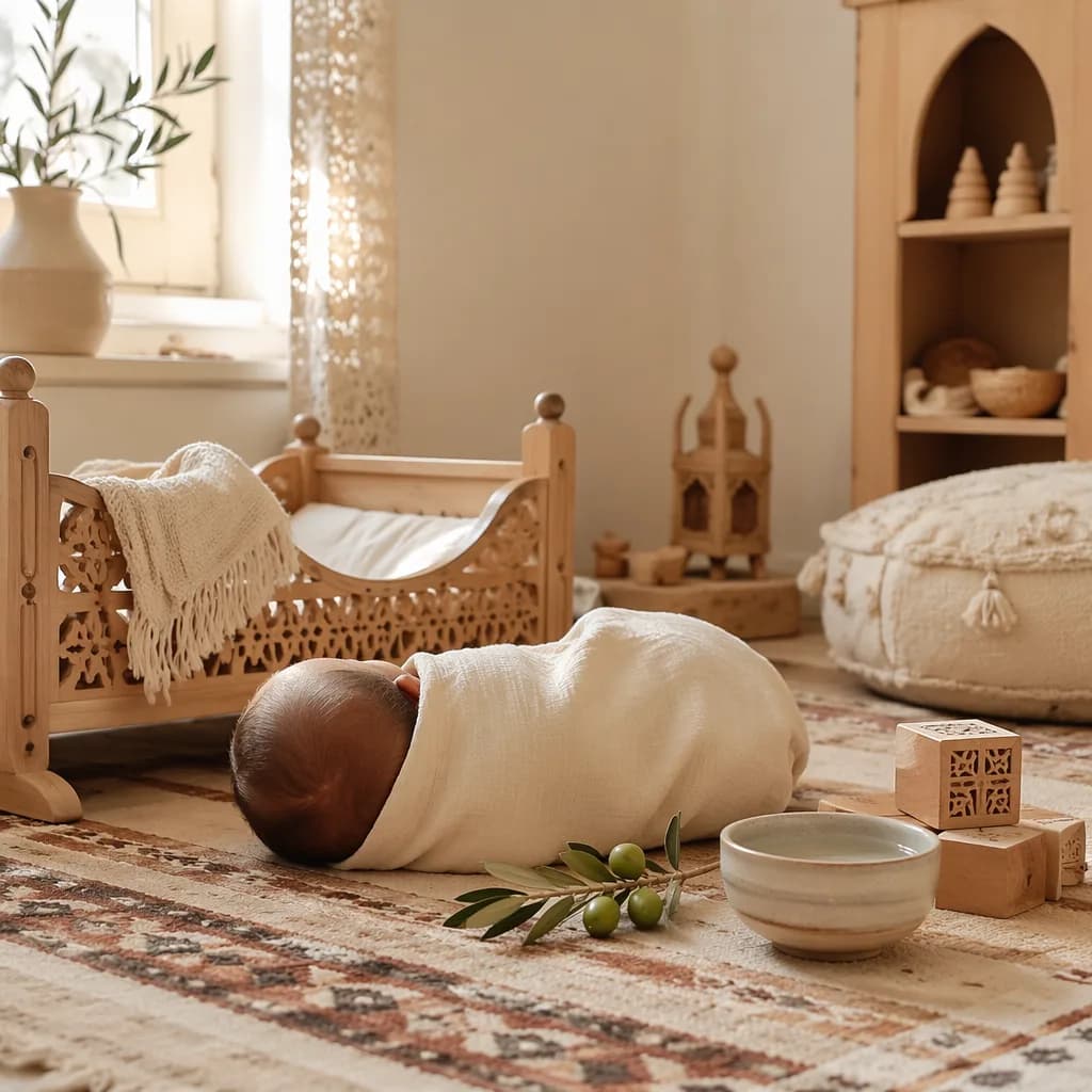 Soft pastel Arabic nursery scene with a swaddled baby, wooden cradle, and gentle symbolic details.