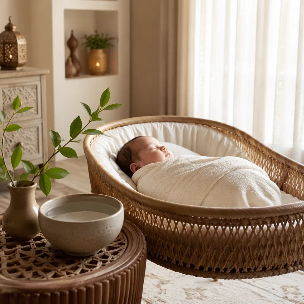 Soft pastel Arabic-inspired nursery with a sleeping swaddled baby and gentle symbolic decor.