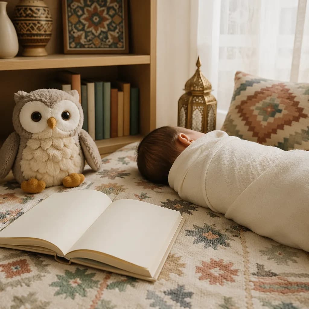 Sleeping baby in a cozy pastel nursery with a storybook and owl plush, inspired by wisdom.