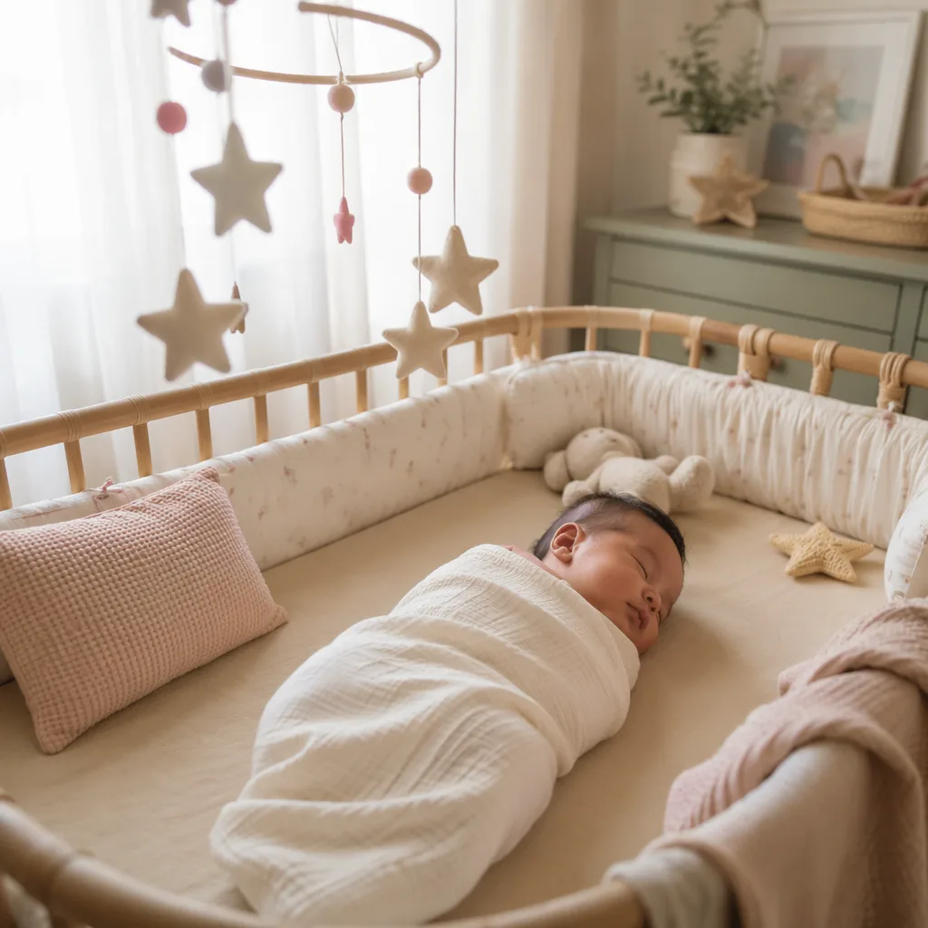 Sleeping baby in a cozy pastel nursery with subtle star accents.