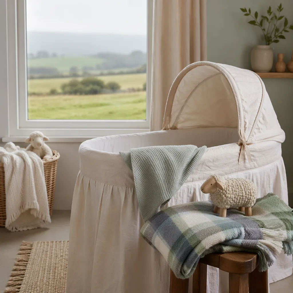 Cozy pastel nursery with tartan blanket and Scottish field-inspired details for the name Blair.