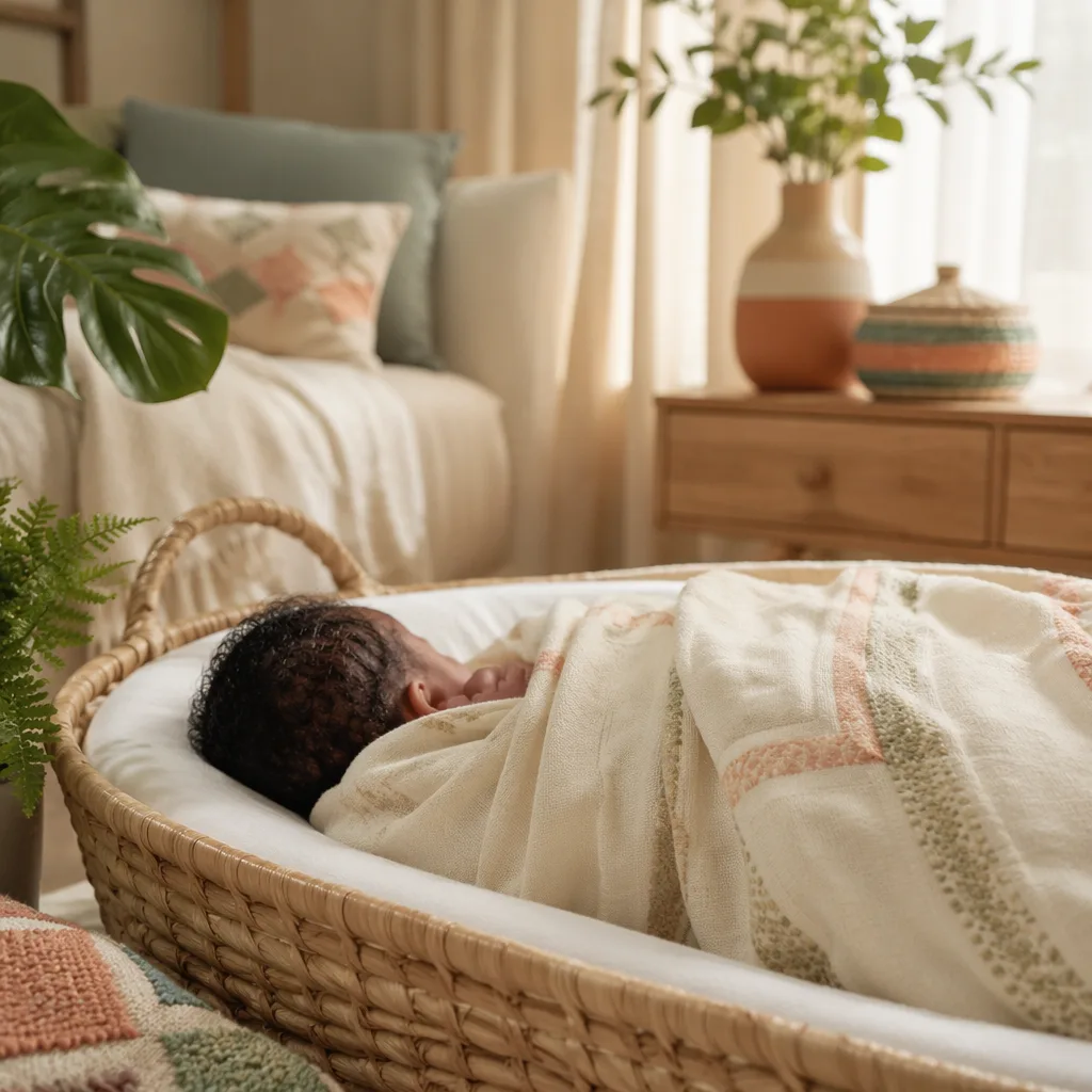 A peaceful Nigerian newborn in a soft pastel nursery with warm natural light and woven decor.