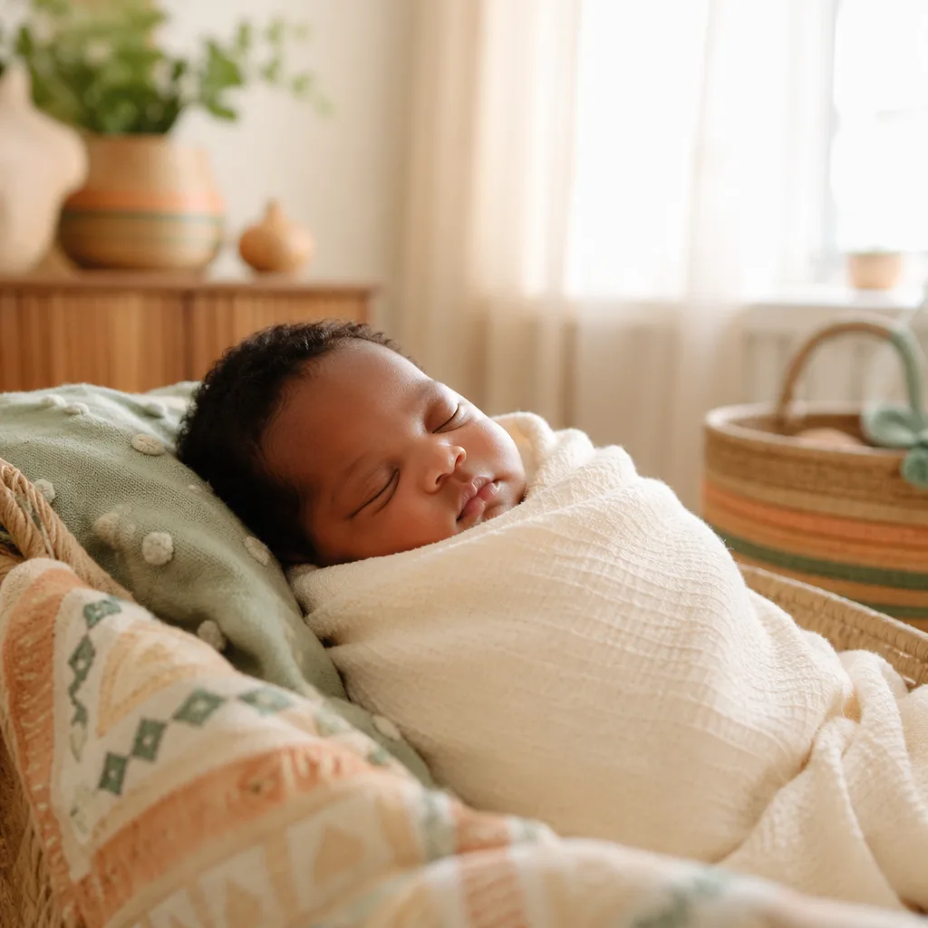 Peaceful newborn in a soft pastel nursery with Yoruba-inspired woven details.