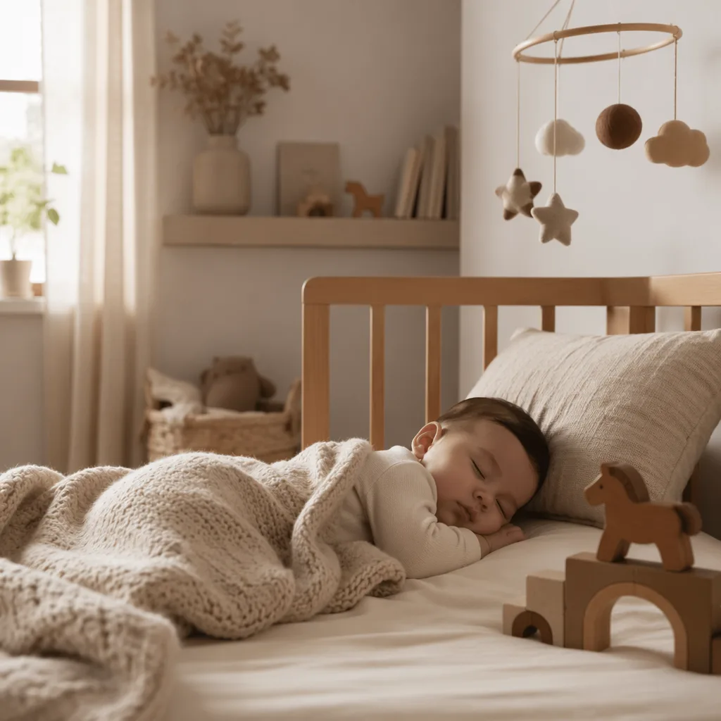 Sleeping baby in a soft Spanish-inspired nursery with wooden toys and warm brown accents.
