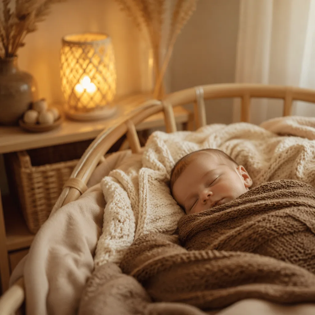 Sleeping newborn in a warm brown and cream Polish-inspired nursery with soft natural light.