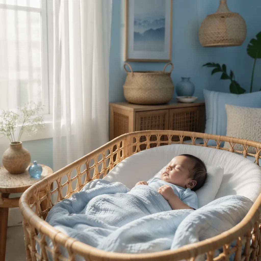 Peaceful pastel blue nursery with a sleeping baby in gentle natural light