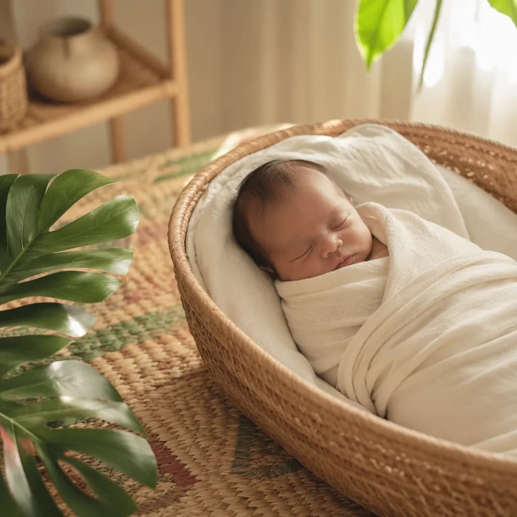 Sleeping Filipino newborn in a soft, cozy nursery with woven details and gentle natural light.