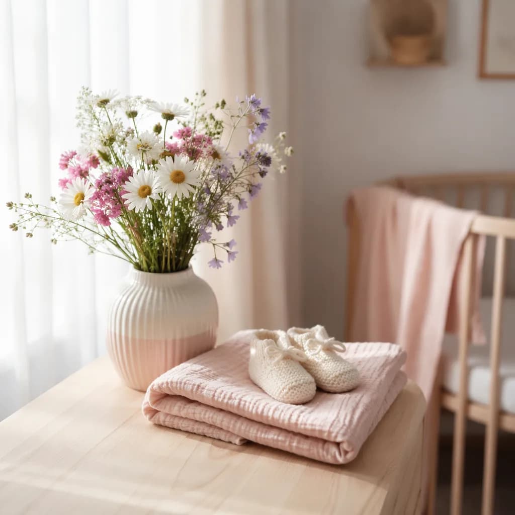 Pastel flower bouquet with baby blanket and booties in a softly lit nursery