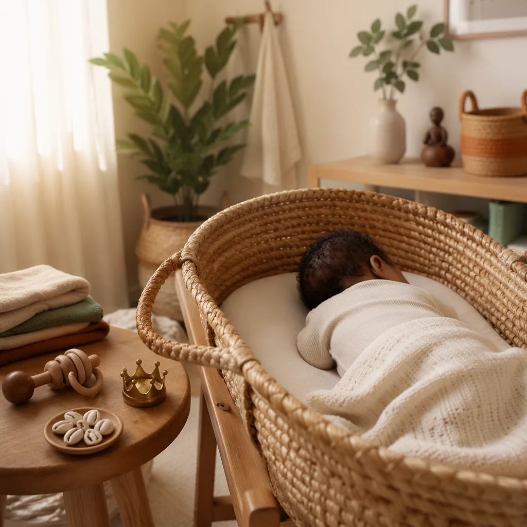 A peaceful Yoruba-inspired nursery with a sleeping baby in a bassinet and soft heritage accents.